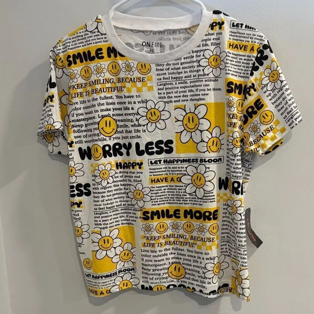On Fire Graphic Tee - Yellow and Black Smiley Face